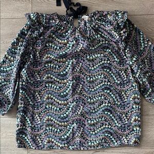 LOFT Black Floral Blouse with Black Back Tie